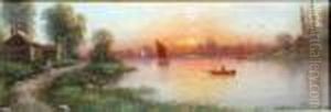 A River Scene At Sunset by Nils Hans Christiansen