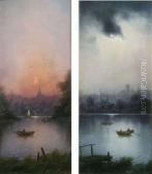 Boats On The River At Sunset And Under Moonlight - view 1