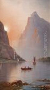 Mountainous Lake Scene With Fishing Boats Mountainous Lake Scene With Fishing Boats