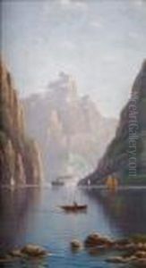 Mountainous Lake Scene With Boats by Nils Hans Christiansen