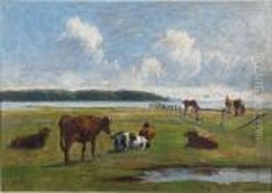 Cows And Horses In A Pasture by Nils Hans Christiansen