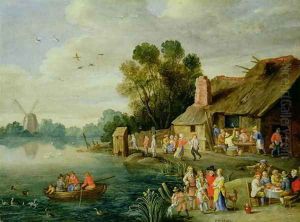 River Landscape with Gentry at a Village Inn River Landscape with Gentry at a Village Inn