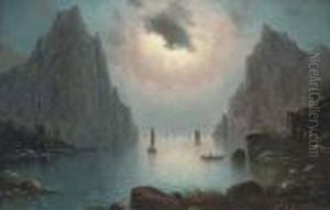 Vessels On A Fjord By Moonlight by Nils Hans Christiansen