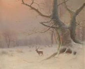Stags In A Winter Landscape And A Companion
