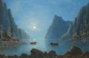 Rowing On A Fjord At Dusk; And Rowing On A Fjord By Moonlight by Nils Hans Christiansen