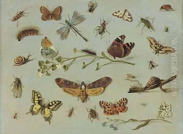 A death's head moth, a red admiral, a caterpillar and an orange-tip butterfly on a sprig of jasmine, a swallowtail butterfly, a garden tiger moth - view 1
