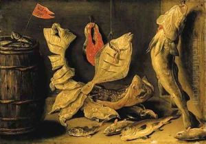 Plaice, skate and other fish beside a barrel by Jan van Kessel