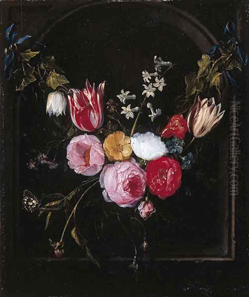 A swag of roses, tulips, an anemone and other flowers with a butterfly at a feigned stone niche - view 1