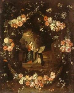 Madonna with the Child and St Ildephonsus Framed with a Garland of Flowers