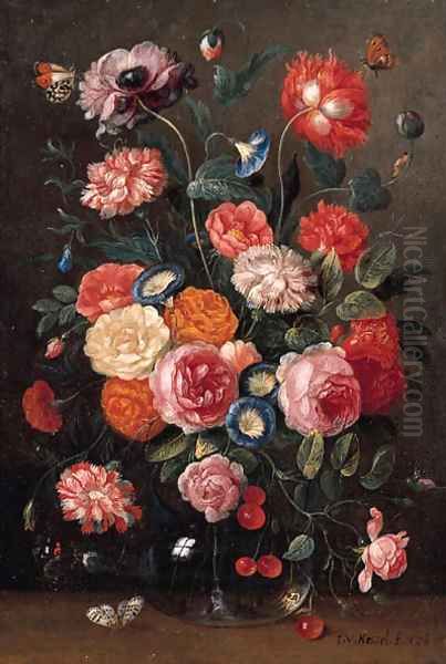 Roses, carnations, morning glory, a poppy and a sprig of cherries in a glass vase, a wall brown, an orange tip - view 1
