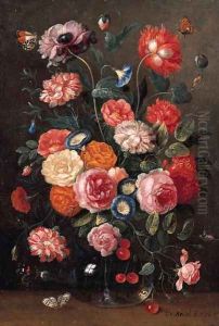 Roses, carnations, morning glory, a poppy and a sprig of cherries in a glass vase, a wall brown, an orange tip by Jan van Kessel
