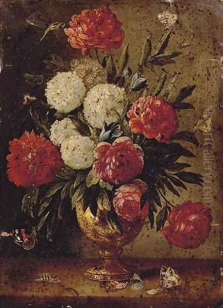 Roses, carnations, morning-glory and other flowers with ants in a gold sculpted urn, with a caterpillar and butterflies on a wooden ledge - view 1