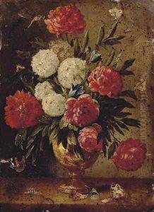 Roses, carnations, morning-glory and other flowers with ants in a gold sculpted urn, with a caterpillar and butterflies on a wooden ledge by Jan van Kessel