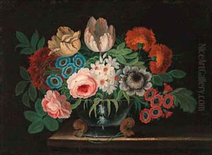 Summer flowers in a vase on a ledge