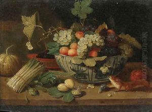 A bowl of fruit, a bundle of asparagus, an artichoke, a bowl of figs, a squirrel, a melon and a sprig of plums on a ledge