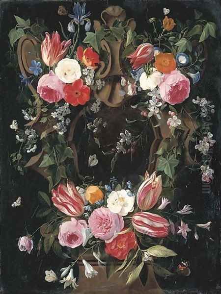 A garland of tulips, roses, morning glory, an iris, clematis and other flowers surrounding a sculpted stone cartouche with a red admiral - view 1