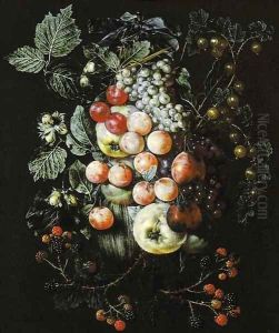 A swag of fruit hanging from a nail against a wall by Jan van Kessel