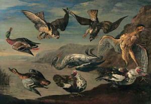 Birds of prey attacking herons and ducks by a pond by Jan van Kessel