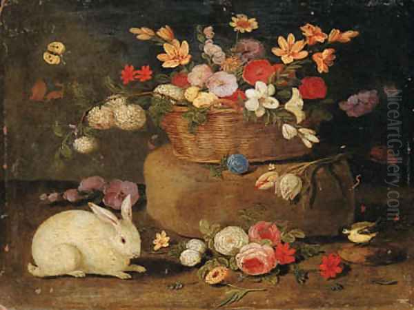 Roses, dahlias, paeonies, tulips and other flowers in a basket on a stone seat, with a white rabbit, a great tit and a butterfly - view 1