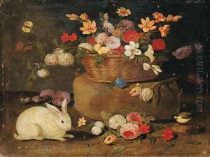 Roses, dahlias, paeonies, tulips and other flowers in a basket on a stone seat, with a white rabbit, a great tit and a butterfly by Jan van Kessel