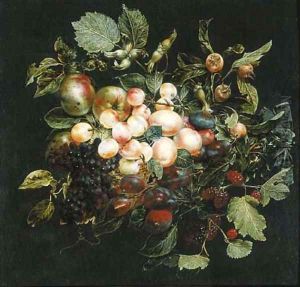 A swag of fruit hanging from a nail against a grey wall by Jan van Kessel