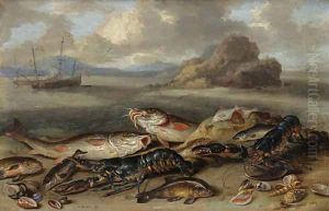 Lobsters, red mullet, halibut, flounder and other fish, with sea shells on a beach, shipping beyond by Jan van Kessel