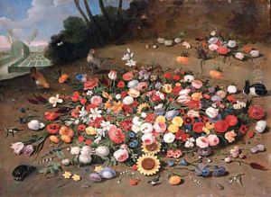 Parrot tulips, roses, sunflowers, lilies, dahlias, poppies, cornflowers, narcissi, daffodils, irises and other flowers, with chickens, a tortoise by Jan van Kessel
