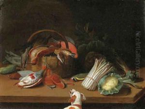 Partridges, a Woodcock, Thrushes, a Starling and other Birds in a Basket with a Woodpecker, a Cabbage, a Cauliflower, a Bunch of Asparagus by Jan van Kessel
