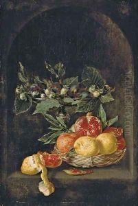 Plums and hazelnuts on a tazza, with lemons, oranges and a pomegranate in a basket on a table, with a partly-peeled lemon and a pomegranate segment