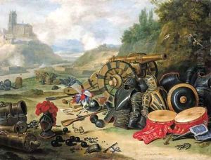 Weapons and accoutrements of war in a battlefield, a river and a church on a hill beyond by Jan van Kessel