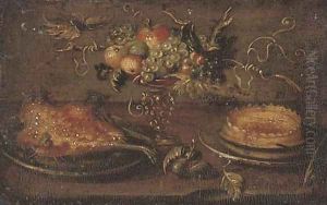 A roast on a platter, a cake, an apple, a pear, peaches and grapes in a tazza on a stone ledge by Jan van Kessel