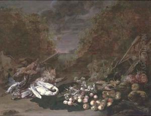A swan, a mallard, a bittern, rabbits and fruits and vegetables, a landscape beyond by Jan van Kessel