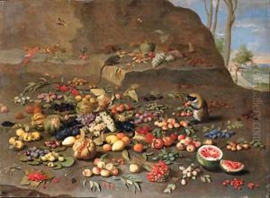 Apples, peaches, oranges, melons, pomegranates, plums, cherries, figs, grapes, pears, a water melon and other fruit on a hillside with monkeys by Jan van Kessel