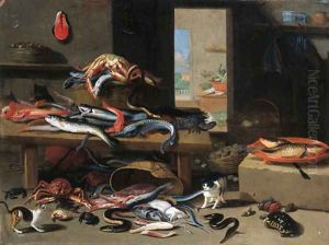 Cats chasing eel, octopus, crab falling from an upturned basket, with a crayfish, sturgeon and other fish on a table nearby by Jan van Kessel
