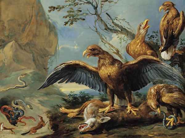 Eagles and serpents attacking foxes - view 1