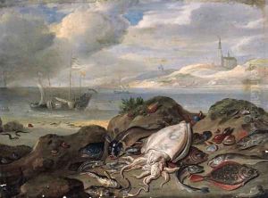 Cuttle-fish, plaice, cod, oysters, mussels and other fish on a dune, a river estuary with shipping beyond by Jan van Kessel
