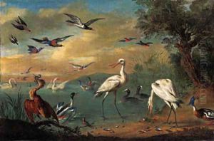 Two spoonbills, a heron, swans, moorhens, bullfinches, kingfishers, a swallow and other birds in a coastal landscape by Jan van Kessel