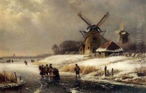 Figures On A Frozen Waterway By A Windmill