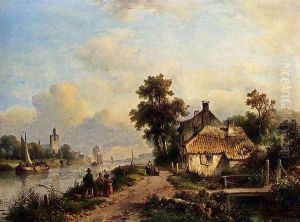 A Summer Landscape With Figures Along A Waterway
