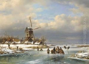 Figures on a frozen river by a windmill