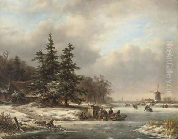 Skaters on the ice with a koek en zopie and Utrecht in the distance - view 1