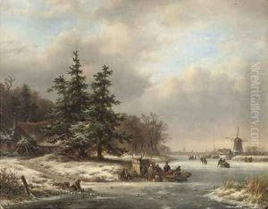 Skaters on the ice with a koek en zopie and Utrecht in the distance