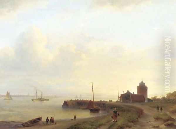 A panoramic river landscape with figures on an embankment and a town in the distance - view 1