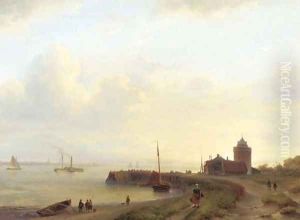 A panoramic river landscape with figures on an embankment and a town in the distance