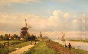 A panoramic summer landscape with fishermen along a canal