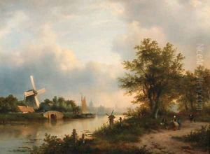 A river landscape in autumn with villagers on a path along the water, a town beyond