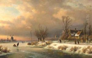 A snow-covered landscape with skaters on a frozen waterway