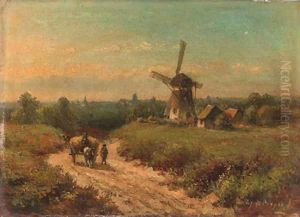 Harvesters on a sandy track by a windmill
