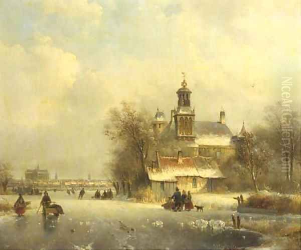 Numerous skaters on the ice by a church, a koek and zopie and a sunlit town in the distance - view 1