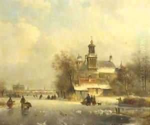 Numerous skaters on the ice by a church, a koek and zopie and a sunlit town in the distance